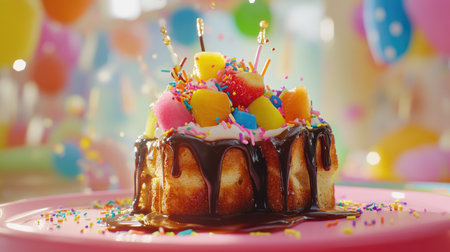 A vibrant dessert featuring chocolate cake topped with colorful fruits, sprinkles, and candles, perfect for celebrations and joyful gatherings.の素材