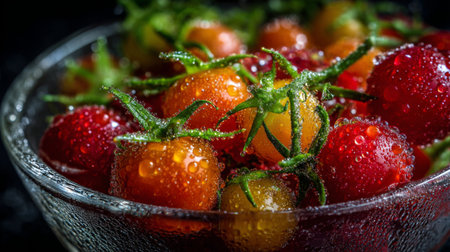 A stunning close-up of freshly picked cherry tomatoes, glistening with water droplets, showcasing vibrant colors of red and orange in a clear bowl.の素材
