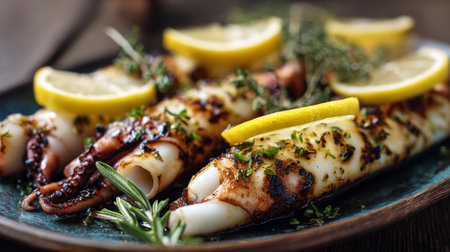 Delight in the vibrant flavors of grilled squid, perfectly garnished with fresh lemon slices and herbs, served on a rustic plate for an exquisite dining experience.の素材