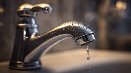 A striking close-up of a sleek chrome faucet showing droplets of water. This image captures beauty and functionality, making it ideal for design and home improvement themes.の素材