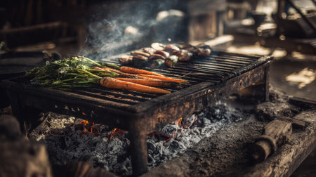 A rustic barbecue grill showcases vibrant vegetables and savory meat being cooked amidst wisps of smoke, creating a warm and inviting atmosphere perfect for summer meals.の素材