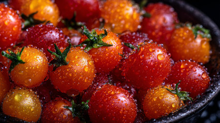 A close-up image of fresh cherry tomatoes glistening with water droplets on a dark background, highlighting their vibrant colors and natural beauty, perfect for food photography.の素材