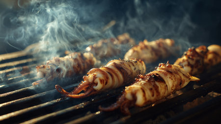 Savory grilled squid takes center stage, showcasing rich flavors and smoky aromas. Perfect for summer evenings, this dish embodies outdoor cooking and fresh seafood enjoyment.の素材