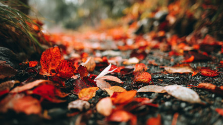 A close-up view of autumn leaves covering a pathway in a serene forest, highlighting the vibrant colors and textures, perfect for seasonal themes and nature projects.の素材