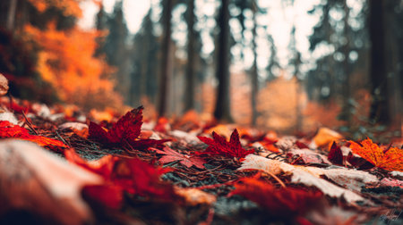 Experience the beauty of autumn in this forest scene featuring a carpet of vibrant leaves in red and orange hues, accented by gentle tree silhouettes in the background.の素材