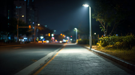 This captivating nighttime scene features a quiet street illuminated by warm lights, creating a tranquil ambiance. The soft focus enhances the peaceful urban landscape.の素材