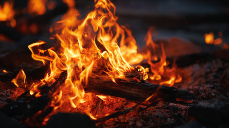 A captivating close-up of a campfire, with vibrant flames licking above charred wood logs, creating a warm glow perfect for gatherings under the night sky.の素材