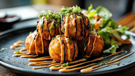 An appetizing plate showcasing delicious appetizers drizzled with sauce and garnished with fresh herbs, presenting a vibrant and flavorful meal ideal for any dining occasion.の素材
