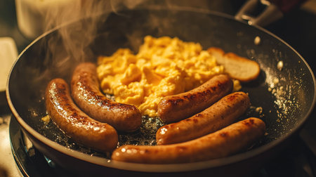 A close-up of sausages sizzling in a pan alongside fluffy scrambled eggs, creating a delicious breakfast scene with appetizing steam and heat.の素材