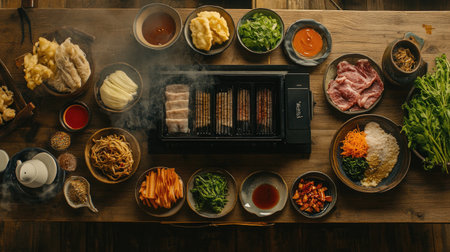 Experience the vibrant atmosphere of a Korean BBQ feast featuring fresh ingredients, sizzling meats, and colorful vegetables, perfect for sharing.の素材