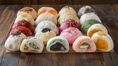 A vibrant assortment of Japanese desserts displayed on a wooden table. These colorful confections offer a delightful variety of flavors and fillings.の素材