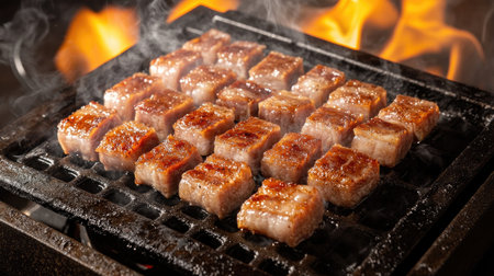 Enjoy the tantalizing sight of succulent grilled meat sizzling on a barbecue. The flames and smoke create an enticing atmosphere, perfect for food lovers.の素材