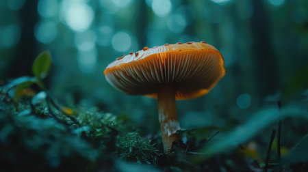 A vibrant orange mushroom stands tall in a lush forest. The intricate details of its gills are highlighted by soft light, creating a serene natural scene.の素材