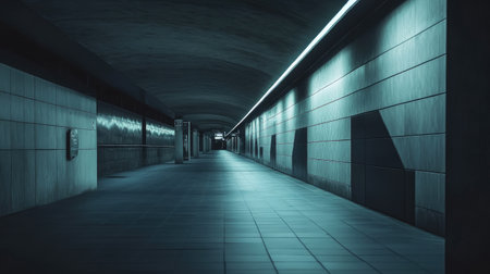 An eerie underground tunnel featuring soft lighting and smooth surfaces, creating a serene and modern atmosphere perfect for urban-themed projects.の素材