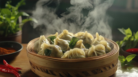 A vibrant scene featuring steaming dumplings arranged in a bamboo basket. The warm atmosphere highlights the deliciousness and freshness of this traditional dish, making it perfect for food photography.の素材