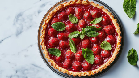 A beautifully arranged fresh strawberry tart topped with mint leaves, perfect for summer gatherings or a delightful dessert. Ideal for any occasion.の素材