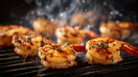 Close-up view of grilled prawns on a barbecue grill, surrounded by aromatic smoke, presenting a mouthwatering seafood dish perfect for summer gatherings and meals.の素材