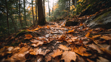 Experience a serene woodland pathway blanketed with colorful autumn leaves, glowing softly in natural light. This tranquil setting invites exploration and relaxation in nature.の素材