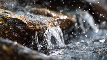 A stunning close-up view of water flowing over smooth rocks, creating enchanting splashes and glistening droplets, showcasing the beauty of nature in a serene environment.の素材