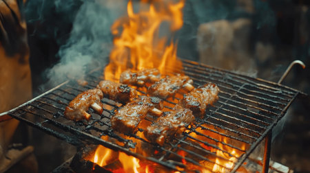 Delicious grilled meat sizzling over an open flame on a barbecue grill. The vibrant colors and smoky texture create a mouthwatering experience perfect for summer gatherings.の素材