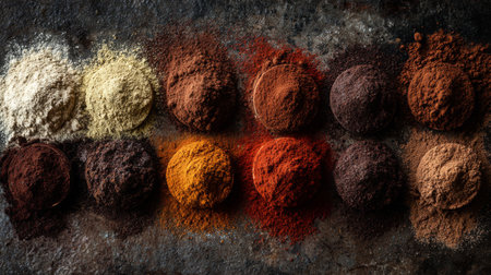 Explore a vibrant collection of natural spices and powders arranged artistically on a textured rustic background. Perfect for culinary themes and food presentations.の素材