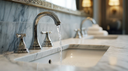 An exquisite bathroom scene featuring a sleek marble sink with chrome faucets gently pouring water, embodying elegance and luxury in a tranquil setting.の素材