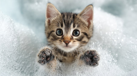 A cute tabby kitten playfully interacts with bubbles, showcasing its adorable face and fluffy paws. Perfect for uplifting pet-themed content on joy and innocence.の素材