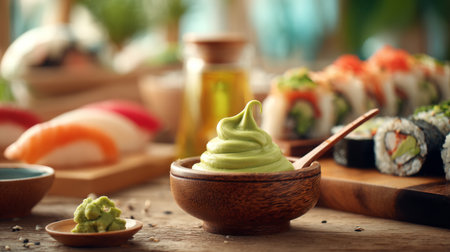 A vibrant arrangement showcasing sushi rolls and a wooden bowl of creamy green wasabi. Perfect for food lovers, chefs, and culinary enthusiasts looking for inspiration.の素材