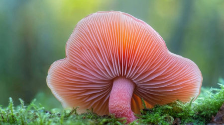 A stunning close-up of a delicate pink mushroom showcasing its intricate gills. Set against a lush green background, it embodies the beauty of nature.の素材