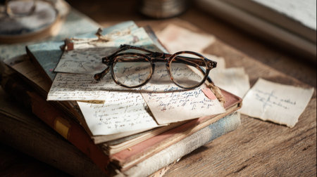 A cozy setting featuring vintage glasses atop a stack of books and handwritten letters, capturing a nostalgic atmosphere perfect for storytelling and creative inspiration.の素材