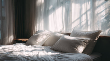 A cozy bedroom scene featuring soft natural light pouring through white curtains onto a neatly made bed with plush pillows, creating a tranquil and inviting atmosphere.の素材