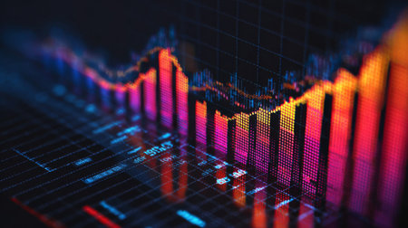 This image showcases a modern digital visualization of financial data, featuring colorful bar graphs and line charts that depict market trends and analytics.の素材