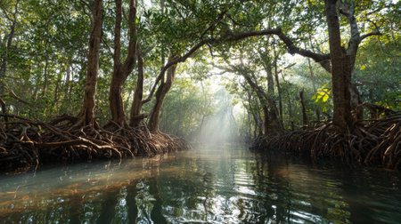 Experience the enchanting beauty of a sunlit mangrove forest, where tranquil waters reflect lush greenery and soft light filters through the trees in the early morning.の素材