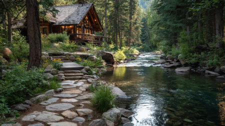 A picturesque cabin nestled in a lush forest setting, with a serene stream flowing nearby. This tranquil landscape invites relaxation and connection with nature.の素材