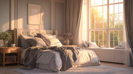 Experience a tranquil bedroom filled with natural light, soft fabrics, and elegant decor, perfect for creating a calming retreat for relaxation and rejuvenation.の素材