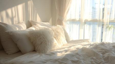 A serene and cozy bedroom featuring soft pillows, elegant bedding, and natural light flowing through sheer curtains, creating a tranquil atmosphere perfect for relaxation.の素材