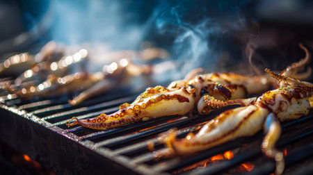 Captivating scene of grilled octopus skewers on a barbecue grill, enveloped in aromatic smoke, perfect for showcasing lively summer gatherings and outdoor cooking experiences.の素材
