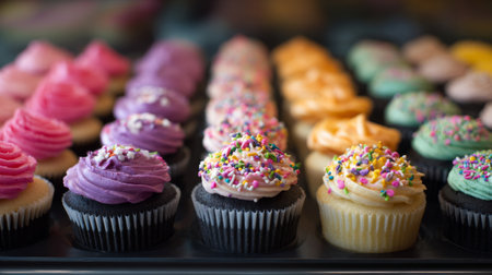 A delightful display of assorted cupcakes featuring vibrant frosting and colorful sprinkles, perfect for celebrations, parties, or any sweet occasion to impress guests.の素材