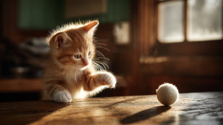 A charming orange kitten explores its surroundings, reaching out to a soft ball in a sun-filled room. This image evokes warmth and playful energy, perfect for cat lovers.の素材
