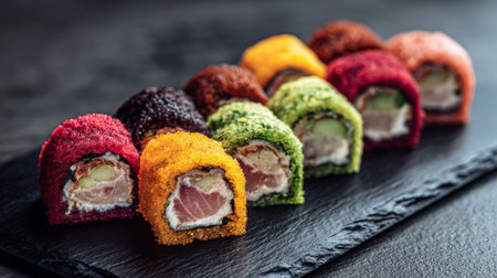 A vibrant display of colorful sushi rolls arranged on a sleek slate plate, showcasing the artistry of Japanese cuisine and fresh ingredients in an enticing manner.の素材