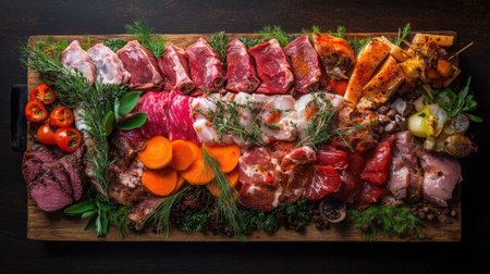 A visually stunning gourmet meat and vegetable platter showcasing an array of fresh ingredients, perfect for any gathering, celebration, or dining occasion.の素材