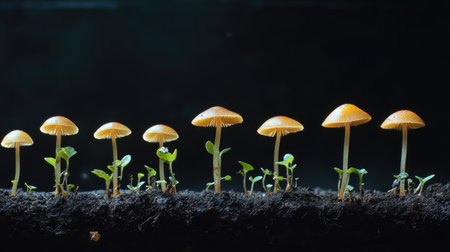 This enchanting image captures delicate mushrooms thriving in rich dark soil, surrounded by small green sprouts, showcasing nature's intricate beauty and growth.の素材