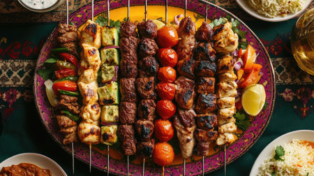 A vibrant platter featuring a variety of grilled meats and vegetables, perfect for outdoor gatherings or summer parties. Enjoy the colorful display!の素材