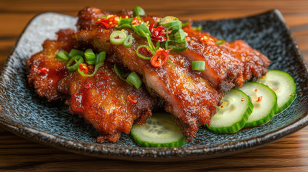 A vibrant plate of crispy chicken garnished with fresh cucumber and green onion. This appetizing dish showcases delicious flavors, perfect for any meal.の素材