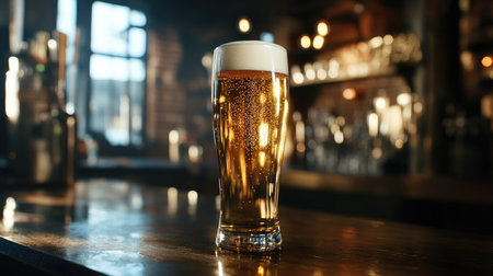 A refreshing glass of cold beer with bubbles and foam sits on a wooden table in a cozy bar, creating an inviting atmosphere for relaxation and socializing.の素材