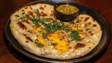 Enjoy a close-up view of delicious Indian naan bread topped with herbs and spices, served with a flavorful green dip, perfect for any meal.の素材