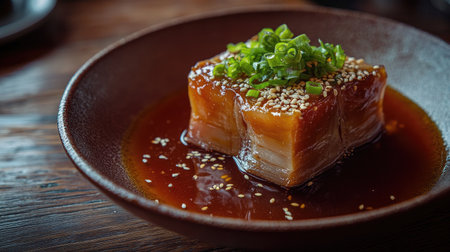 A beautifully plated pork belly dish garnished with green onions and sesame seeds, served in a rich sauce on a wooden table. Perfect for food lovers.の素材