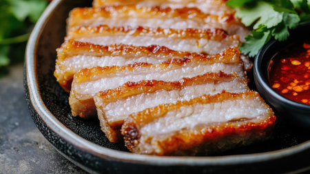 A mouthwatering serving of crispy pork belly with a flavorful dipping sauce, perfect for food enthusiasts and culinary presentations. Ideal for gourmet recipes.の素材