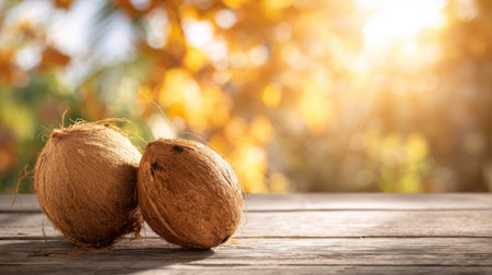 Two raw coconut shells rest on a rustic wooden table, bathed in soft sunlight, with beautiful autumn foliage in the background, creating a serene outdoor ambiance.の素材