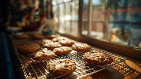 Freshly baked cookies cool on a wire rack, illuminated by warm sunlight in a cozy kitchen, inviting a sense of comfort and delicious indulgence. Perfect for food lovers.の素材